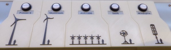Buttons and high contrast tactile scale versions of the wind turbines